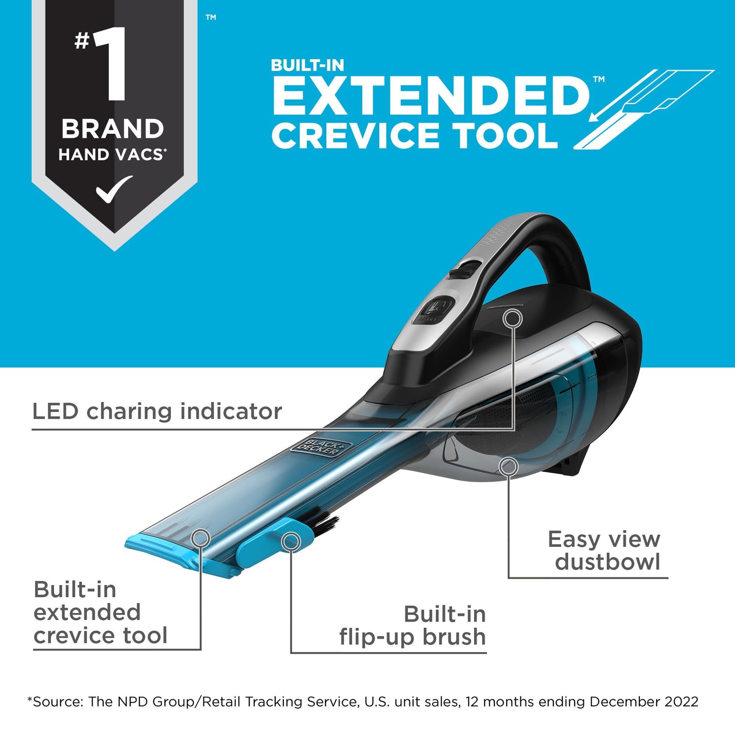 BLACK+DECKER Cordless Handheld Vacuum, Detailer Dustbuster, for Multi-Surface, with Powerful Suction, and Long Lasting Battery, HLVA315J00W, Black