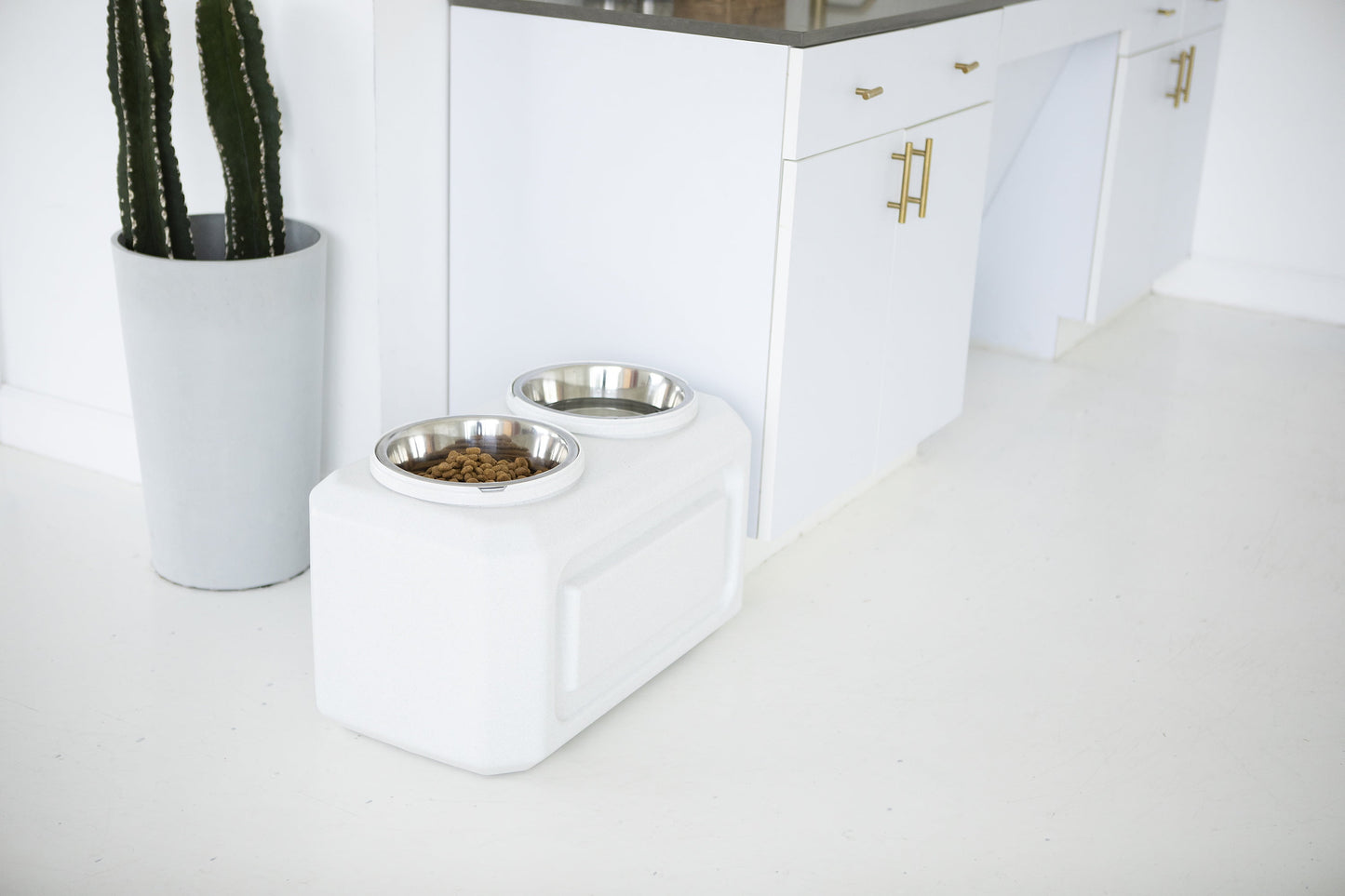 Gamma2 Vittles Vault 2-in-1 Elevated Stainless Steel Dog Bowls with 50 lb Dry Food Storage, White