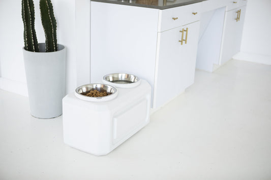Gamma2 Vittles Vault 2-in-1 Elevated Stainless Steel Dog Bowls with 50 lb Dry Food Storage, White