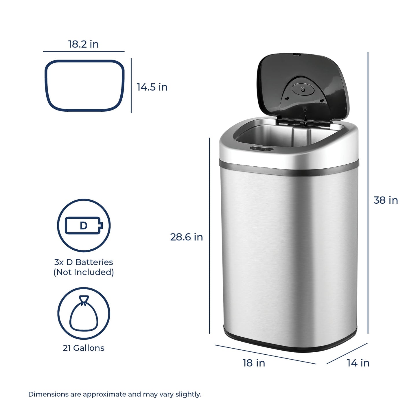 Nine Stars Automatic Trash Can, 21.1 Gallon Stainless Steel, Motion Sensor Hands Free Soft Close Lid Garbage Bin, Silver