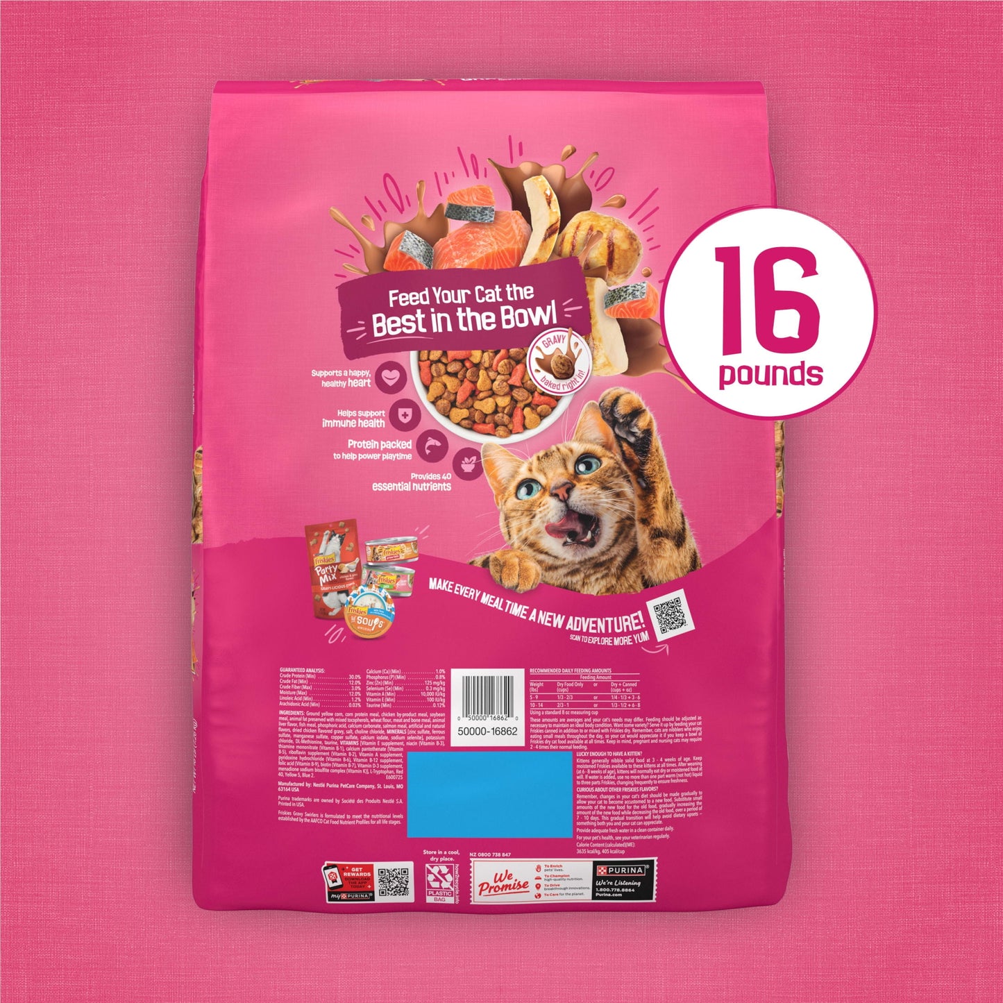 Purina Friskies Dry Cat Food Gravy Swirl'd with Flavors of Chicken, Salmon and Gravy Dry Cat Food, 16 lb Bag