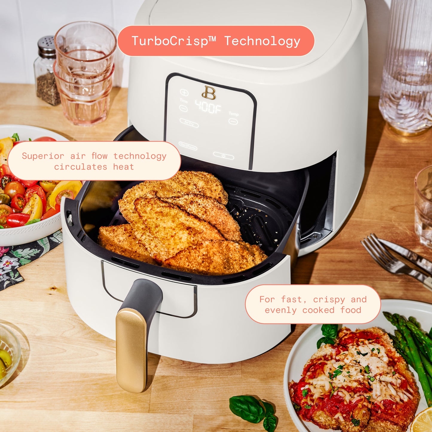 Beautiful 6 Qt Air Fryer with TurboCrisp Technology, EverGood Ceramic Nonstick Coating, White Icing by Drew Barrymore