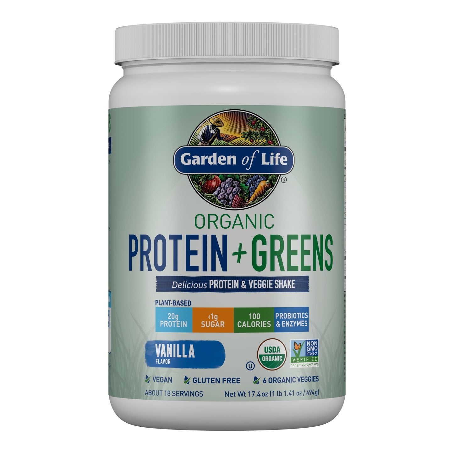 Garden of Life Organic Plant Based Greens Probiotic 20g Protein Shake Drink Powder for Digestive Gut Health, Vegan, Vanilla, 1.1lb