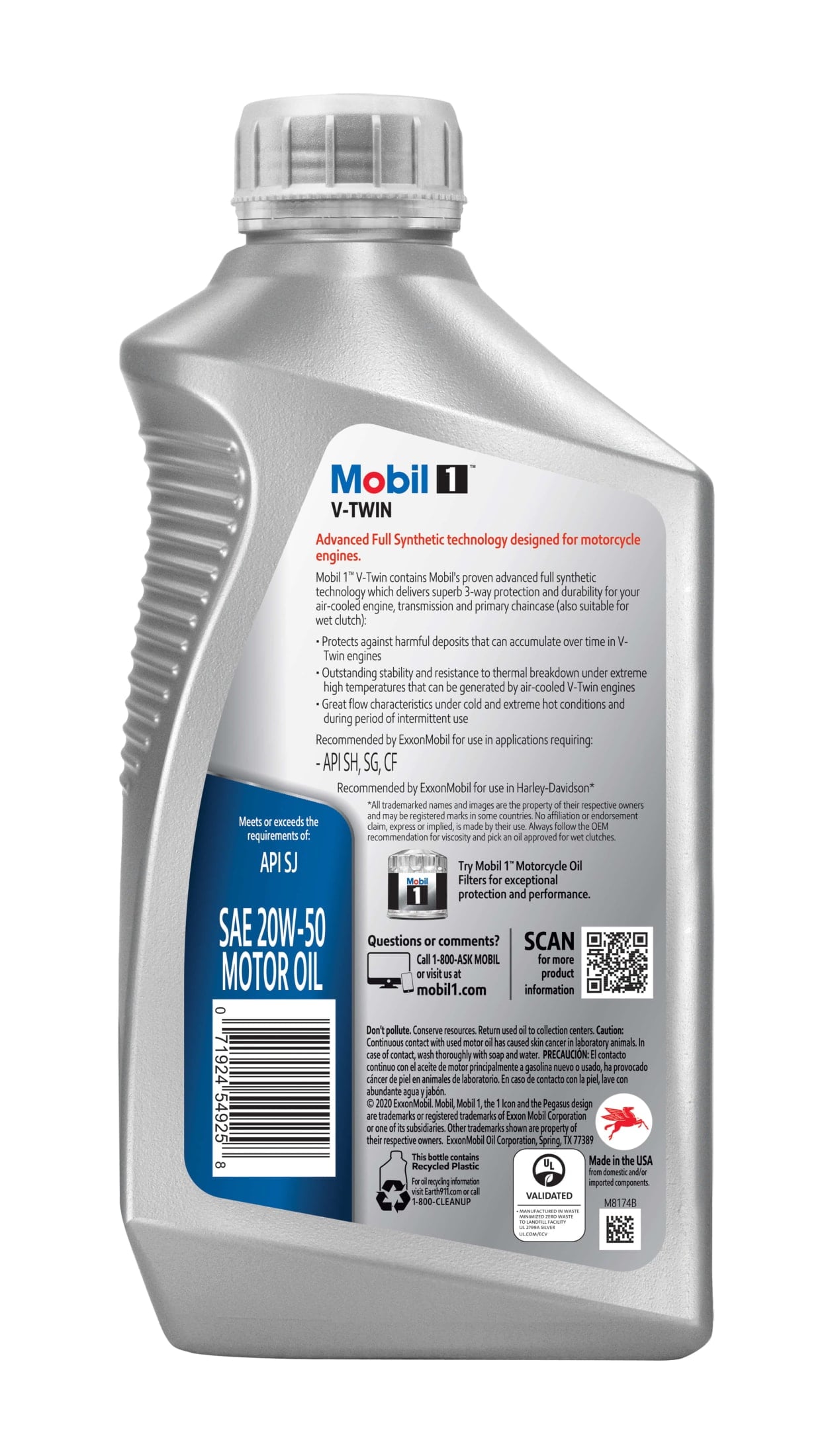 (4 pack) Mobil 1 V-Twin Full Synthetic Motorcycle Oil 20W-50, 1 Quart