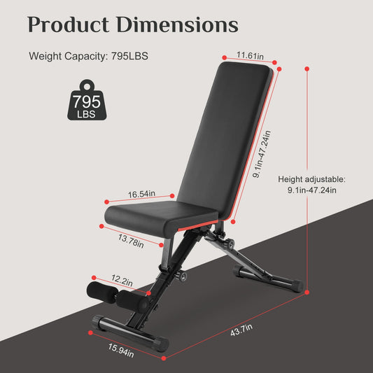 GIANNA 9 Positions Adjustable Weight Bench, Support Up to 795lbs, Foldable Weight Bench for Full Body, Home Gym Fitness Strength Training, Black