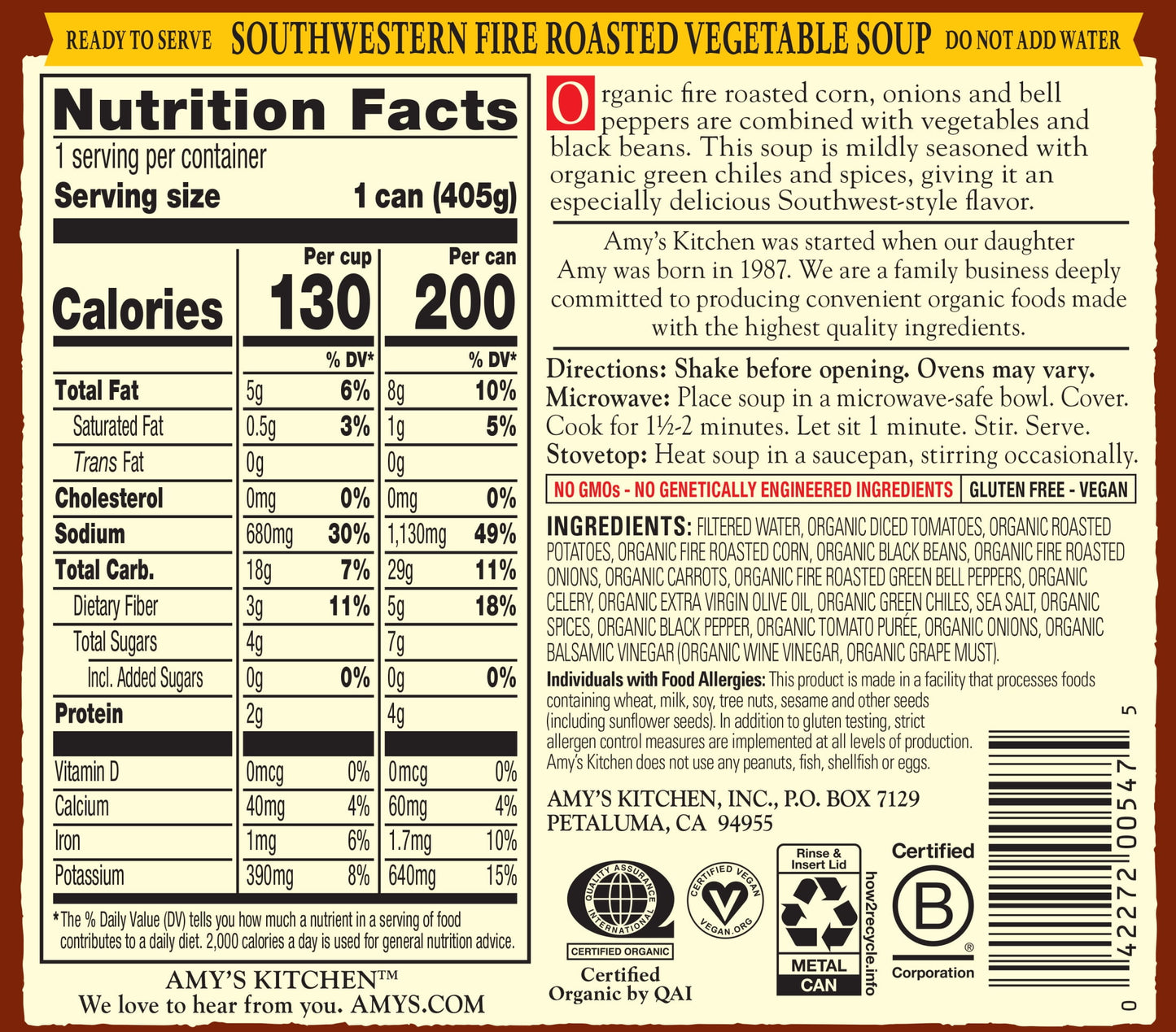 (6 pack) Amy's Organic Fire Roasted Southwestern Vegetable Soup 14.3 oz