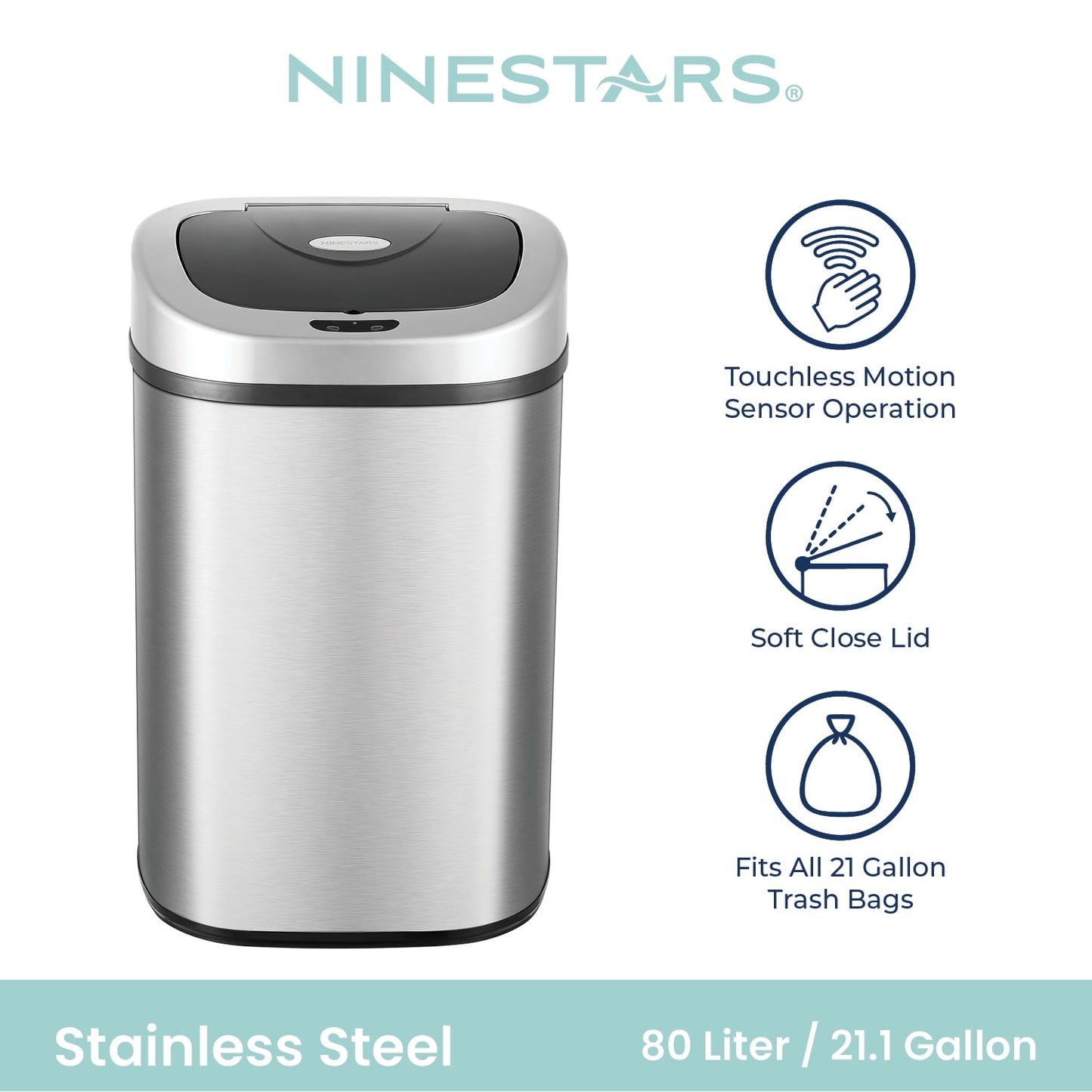 Nine Stars Automatic Trash Can, 21.1 Gallon Stainless Steel, Motion Sensor Hands Free Soft Close Lid Garbage Bin, Silver