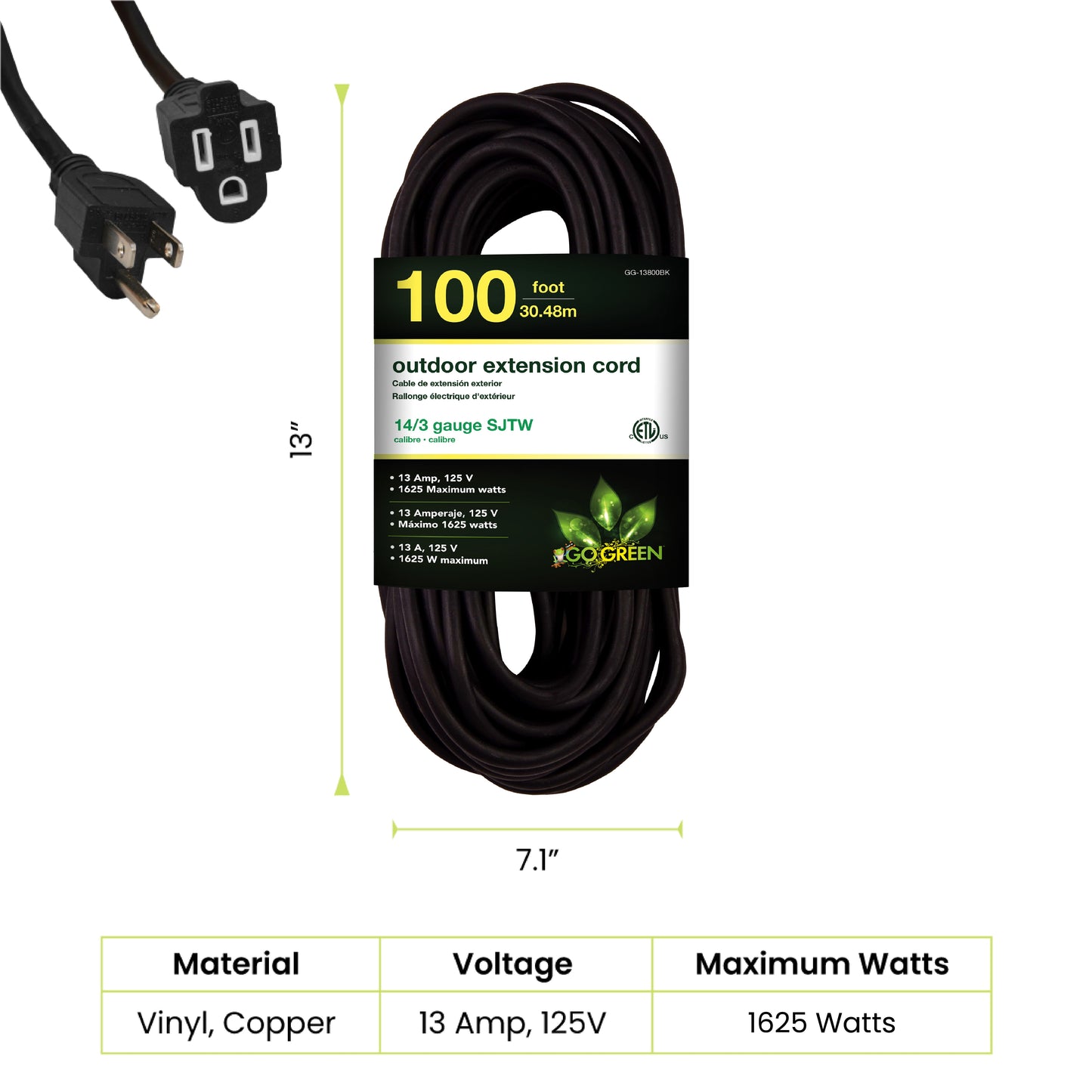 GoGreen Power (GG-13800BK) 14/3 100’ SJTW Outdoor Extension Cord, Black, 100 Ft