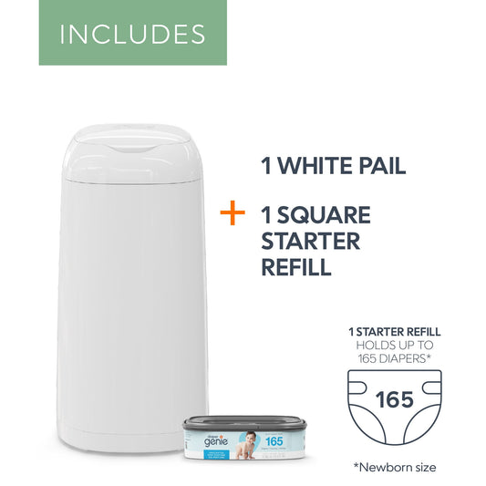 Diaper Genie Classic Pail,White,1 Diaper Pail,1 Square Refill - 165 Ct