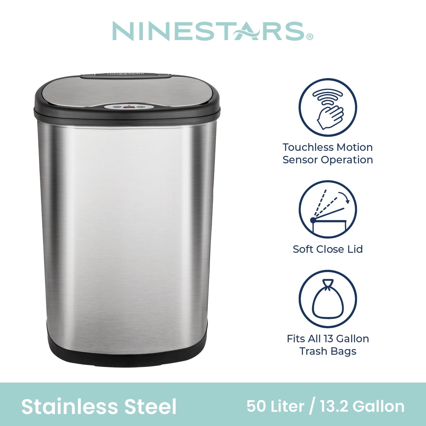 Nine Stars Automatic Kitchen Trash Can, 13.2 Gallon Stainless Steel, Motion Sensor Hands free Soft Close Lid Garbage Bin, Silver