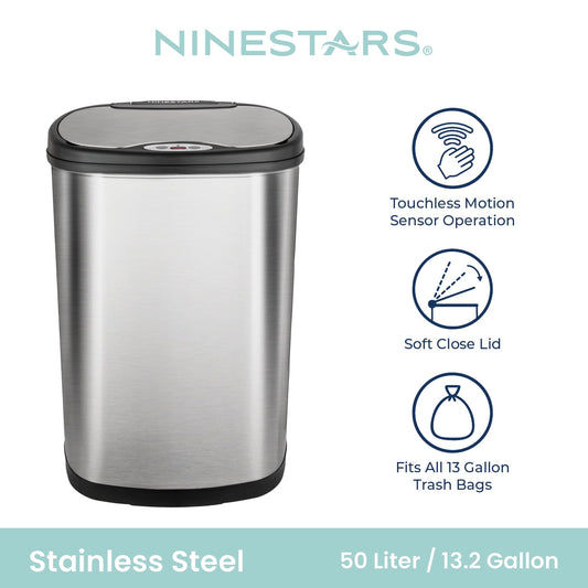 Nine Stars Automatic Kitchen Trash Can, 13.2 Gallon Stainless Steel, Motion Sensor Hands free Soft Close Lid Garbage Bin, Silver
