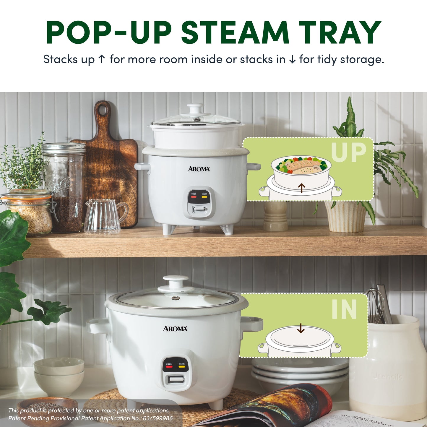 AROMA® 6-Cup Rice Cooker & Food Steamer with Bonded Granite® Nonstick Ceramic & Pop-Up Steam Tray - White
