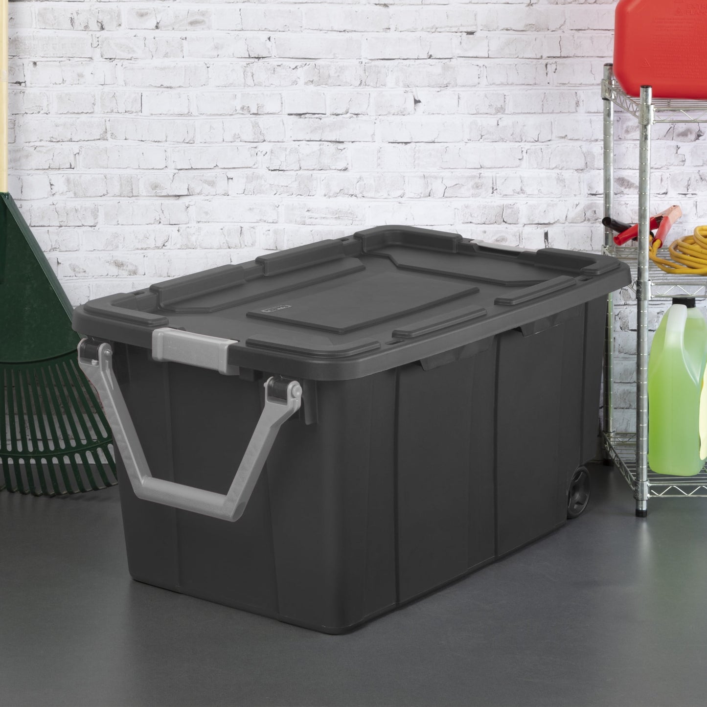 Sterilite Extra-Large Wheeled Industrial Storage Bin, 40 Gallon Durable Plastic Storage Tote with Latching Lid and Pull Handle, Dark Gray, 2 Pack