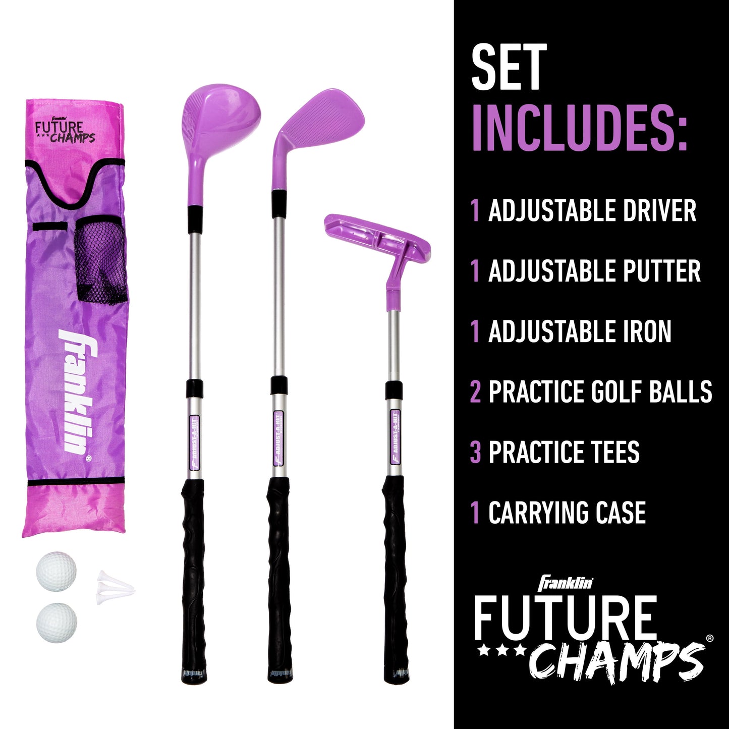 Franklin Sports Kids Golf Set - Youth Adjustable Plastic Golf Club Set - Kids Plastic Golf Set with Bag and Balls - Adjustable Length Clubs for Toddlers - Pink
