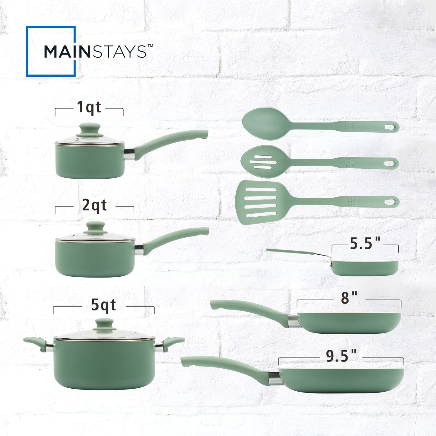 Mainstays Ceramic Aluminum, 12 Piece, Pots and Pans Cookware Set Green Nonstick