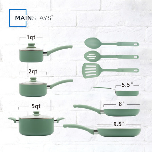 Mainstays Ceramic Aluminum, 12 Piece, Pots and Pans Cookware Set Green Nonstick
