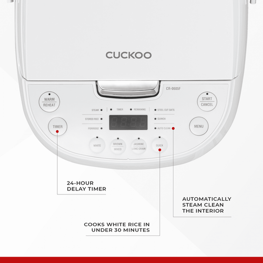 CUCKOO Rice Cooker & Warmer 6 Cup Uncooked / 12 cup Cooked, Smart Fuzzy Logic Ceramic Inner Pot White (CR-0605F)