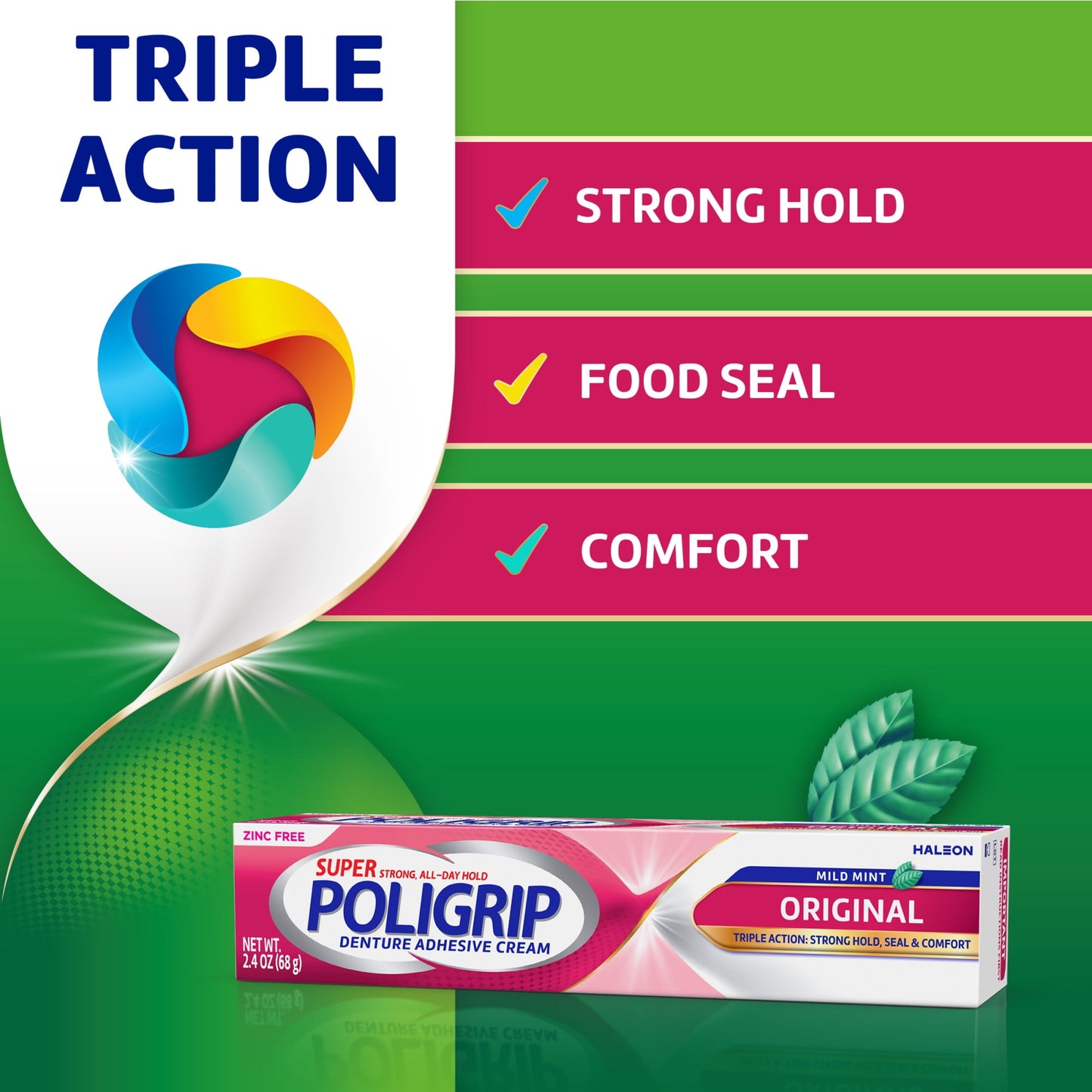 Poligrip Original Denture Adhesive Cream, Fresh Mint Flavor, Zinc-Free - 2.4 Oz (4 Pack)