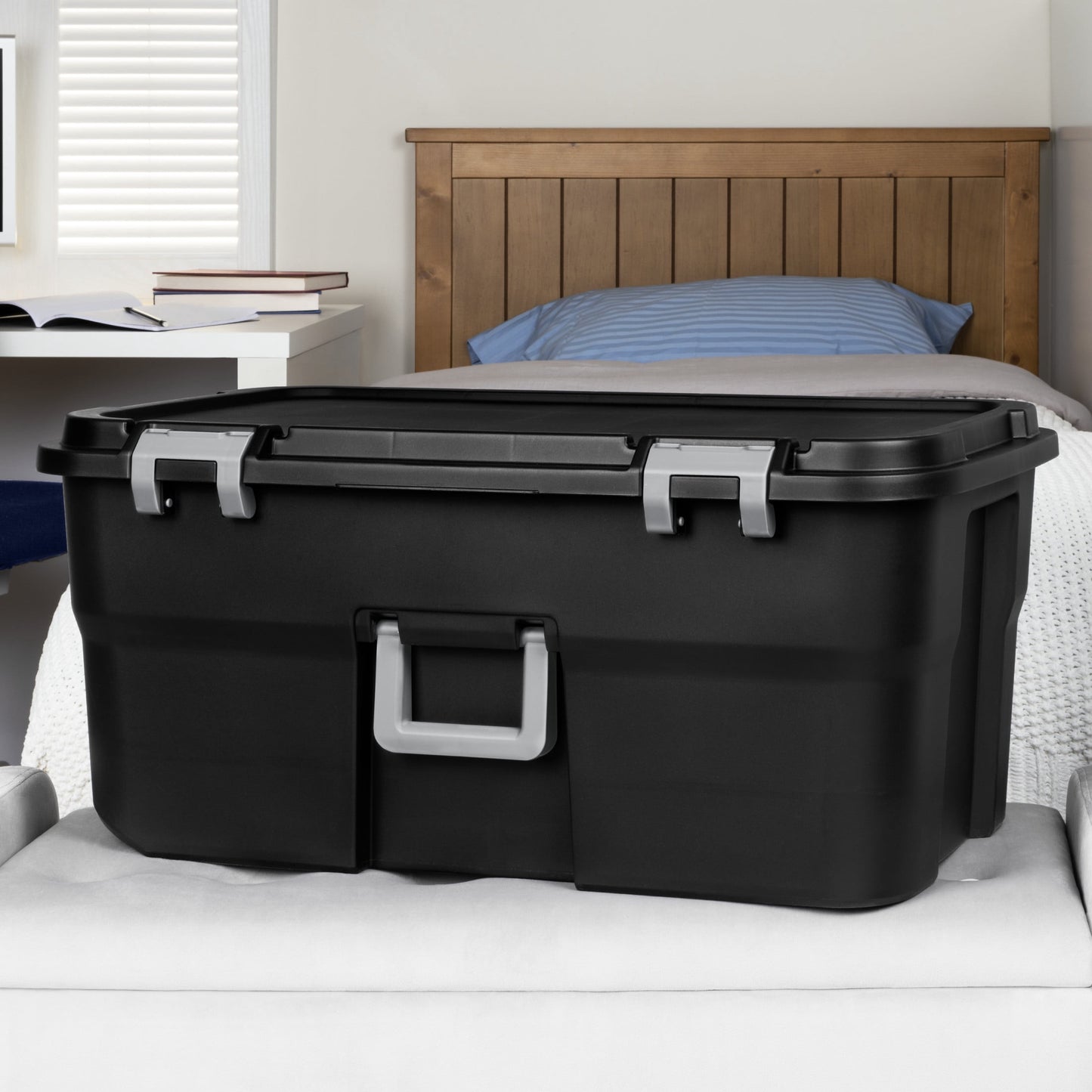 Sterilite 22 Gallon Large Wheeled Footlocker, Heavy Duty Plastic Storage Trunk Container, Lockable with Wheels and Handle, Black