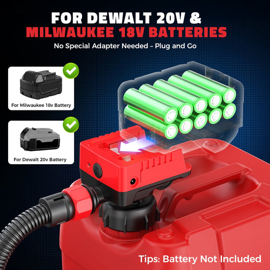5 GPM Cordless Fuel Transfer Pump Compatible with DeWalt 20V & Milwaukee 18V Batteries, Portable Gas Can Pump with 51" Hose, 5 Adapters, Gas Pump for Diesel, Gasoline (Bare Tool)