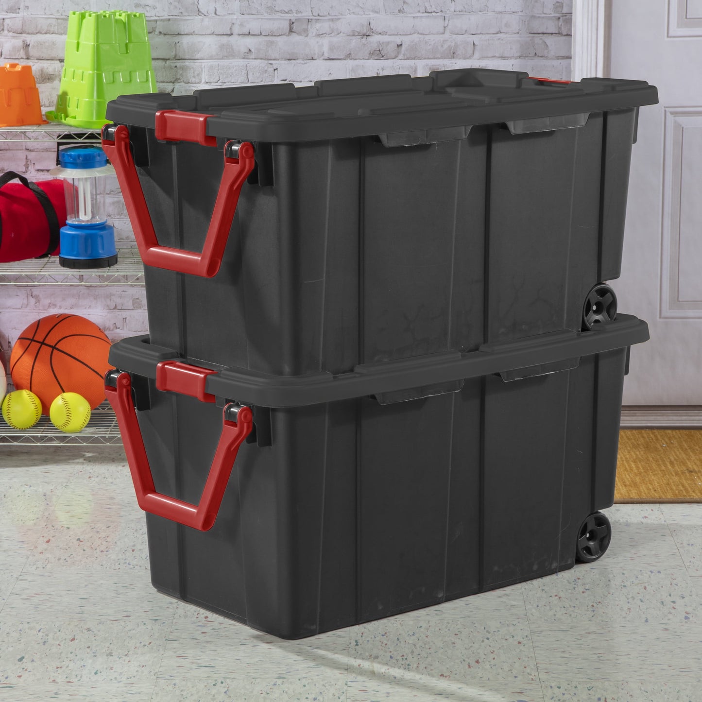 Sterilite Extra-Large Wheeled Industrial Storage Bin, 40 Gallon Durable Plastic Storage Tote with Latching Lid and Pull Handle, Black, 2 Pack