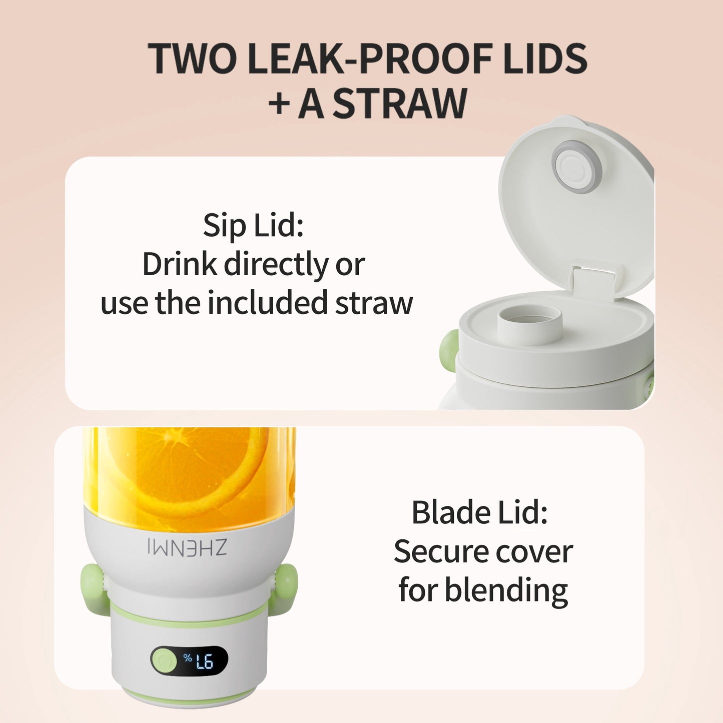 ZHENMI 33oz Portable Personal Blender with Leak Proof Lid and BPA-Free Vessel, Smoothie Blender Cover with Handle