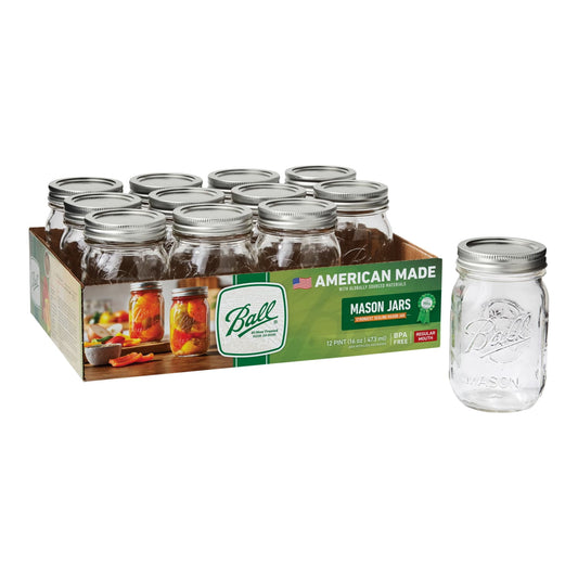(4 pack) Ball Regular Mouth 16oz Pint Mason Jars with Lids & Bands, 12 Count