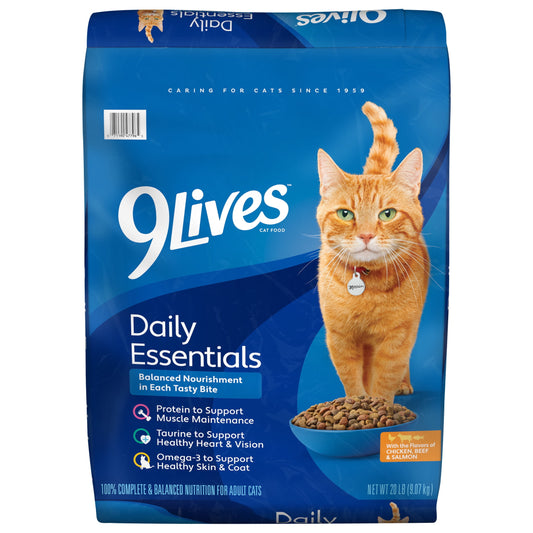 (2 pack) 9Lives Daily Essentials Dry Cat Food for Adult Cats with Chicken, Beef & Salmon, 20 lb. Bag