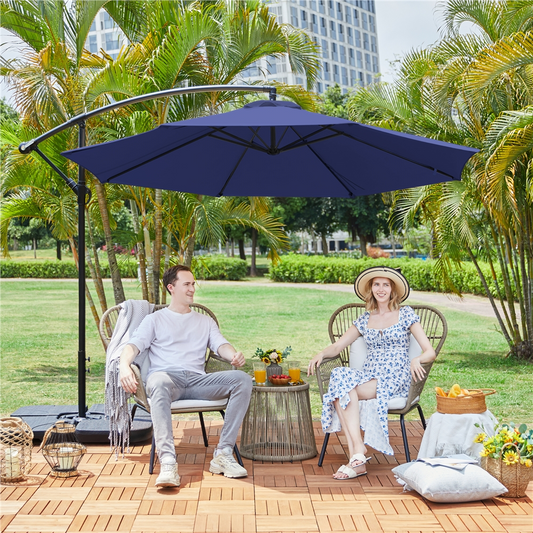 Renwick 10 Ft Patio Offset Umbrella with Crank and Base Stand, Navy Blue