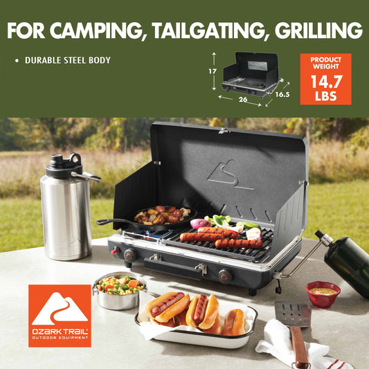 Ozark Trail 2 Burner Black Propane 2-in-1 Portable Camp Stove and Grill, Model GCT2220WD, New