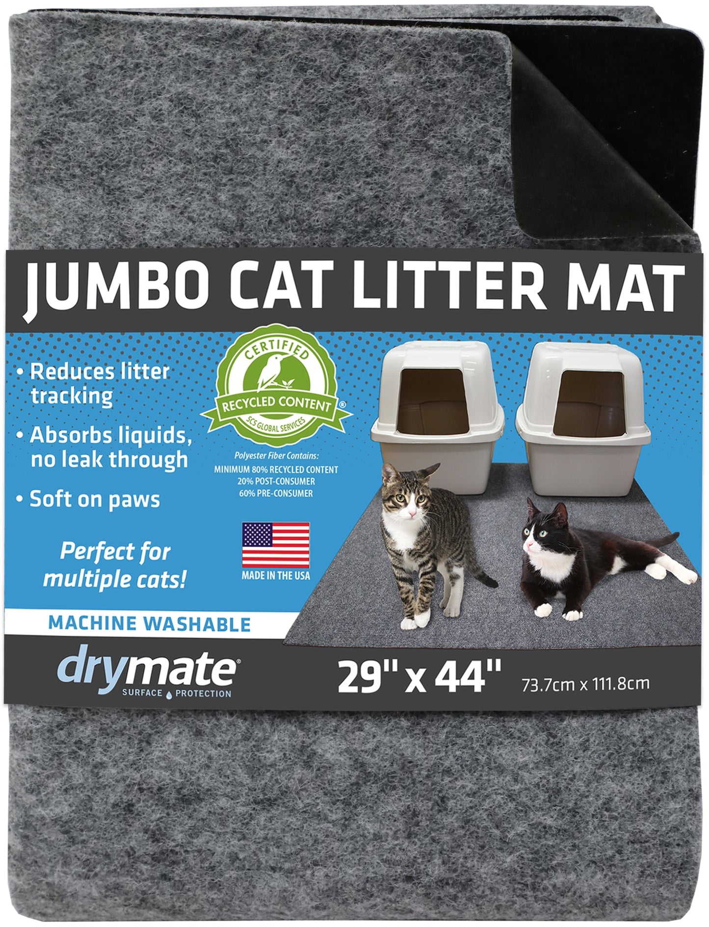 Drymate Jumbo Cat Litter Box Mat, Waterproof Urine-Proof, Absorbent, Machine Washable, Contains Mess, Soft on Paws, Kitten Supplies 29x44, Light Grey