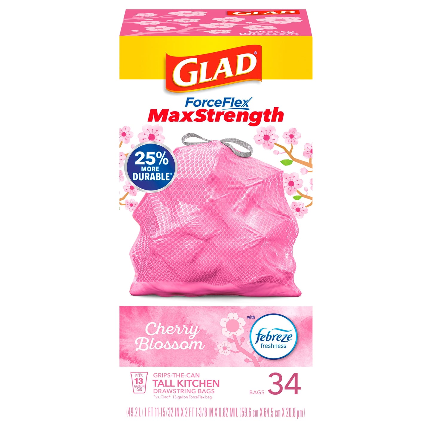 Glad Forceflex Drawstring Bags, Cherry Blossom, 13 Gallons, 34 Count