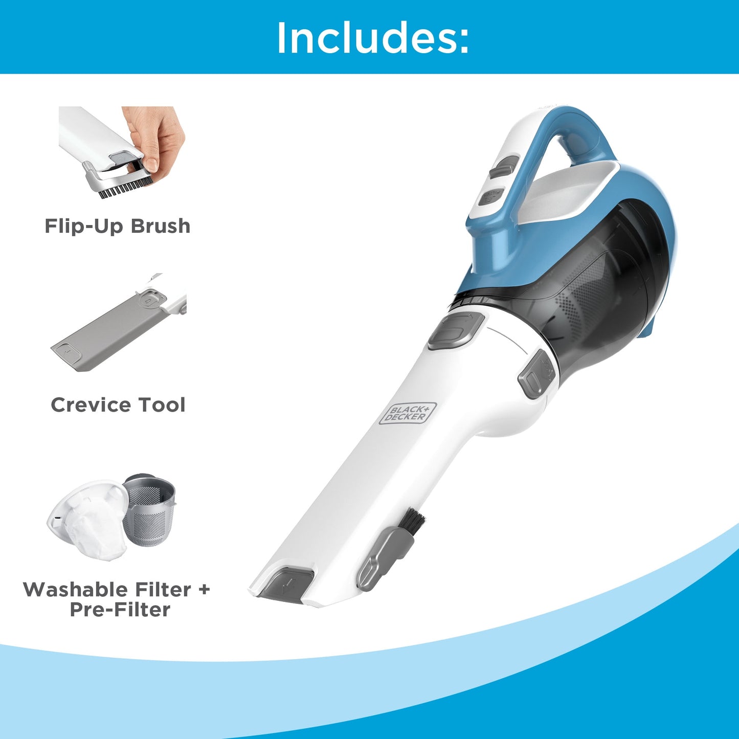 BLACK+DECKER dustbuster AdvancedClean Cordless Handheld Vacuum, for Car and Home Use, with Rotating Slim Nozzle and Crevice Tool, CHV1410L, White and Blue