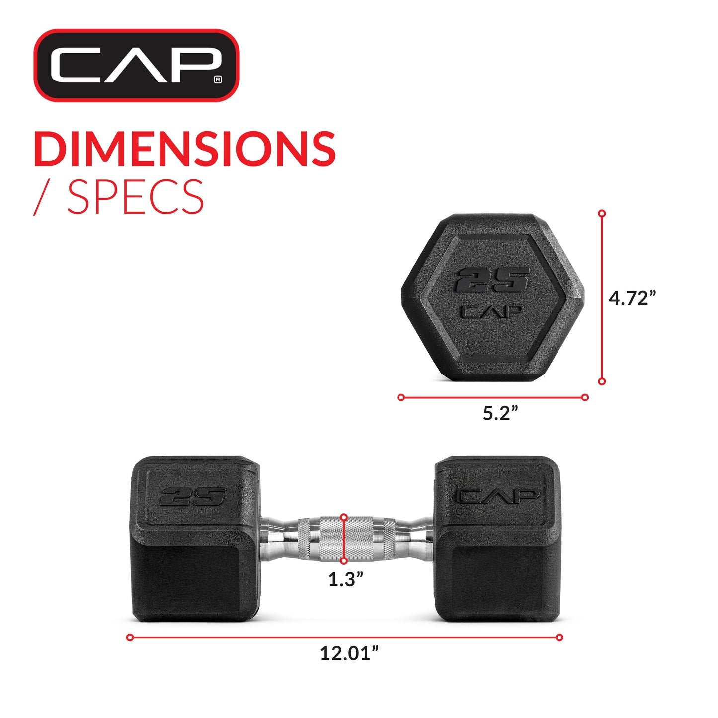 New CAP, 25lb Coated Rubber Hex Dumbbell, Pair (Ergonomic Contoured Steel Handle, Durable Rubber Coated Weight set)