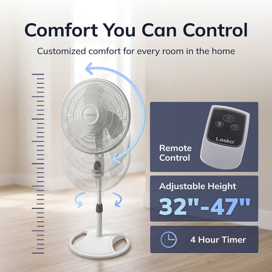 Lasko 16" 3-Speed Oscillating, Remote, Timer, Adjustable Height Pedestal Fan 1646