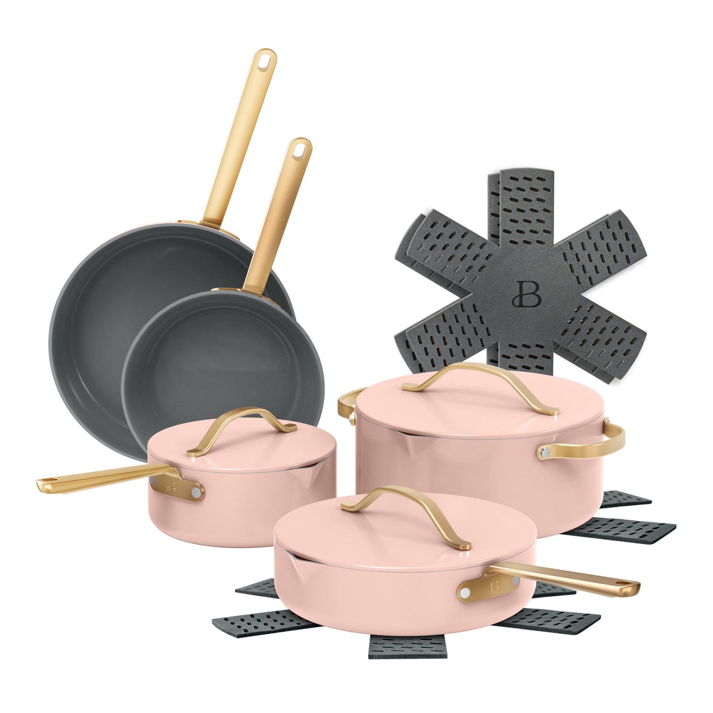 Beautiful 12-Piece Evergood Non-Toxic Ceramic Nonstick Coating Cookware Set, Pots and Pans with Strainer Lids, Rose by Drew Barrymore