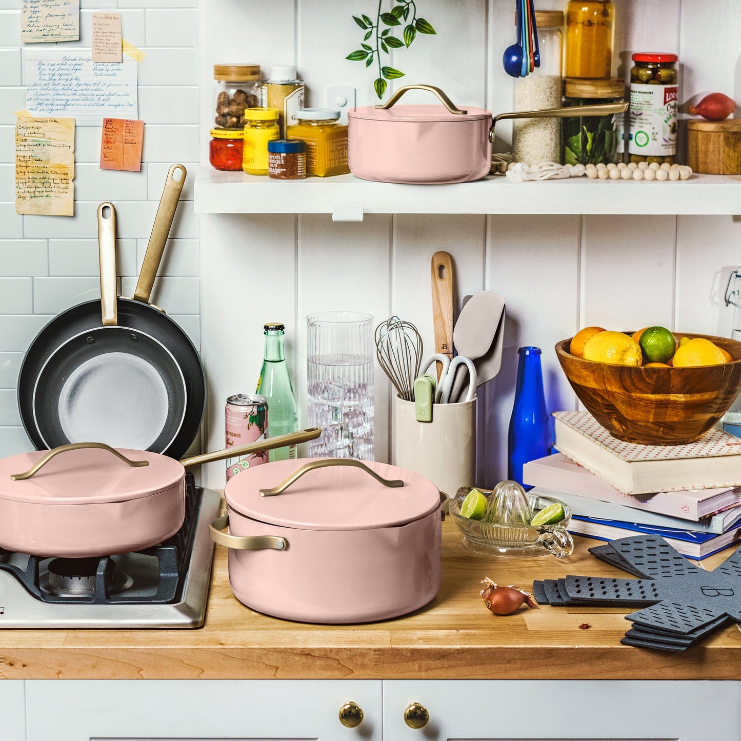 Beautiful 12-Piece Evergood Non-Toxic Ceramic Nonstick Coating Cookware Set, Pots and Pans with Strainer Lids, Rose by Drew Barrymore