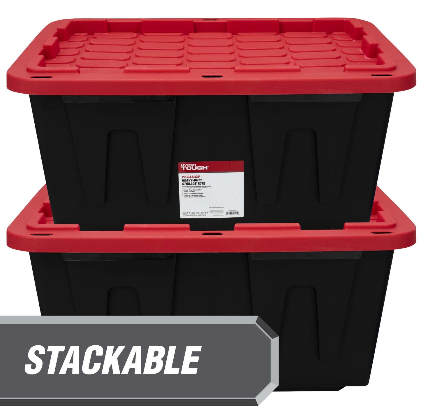 (Pack of 4) Hyper Tough 27 Gallon Large Storage Bin with Snap Lid, Black and Red, Heavy Duty Plastic Storage Container