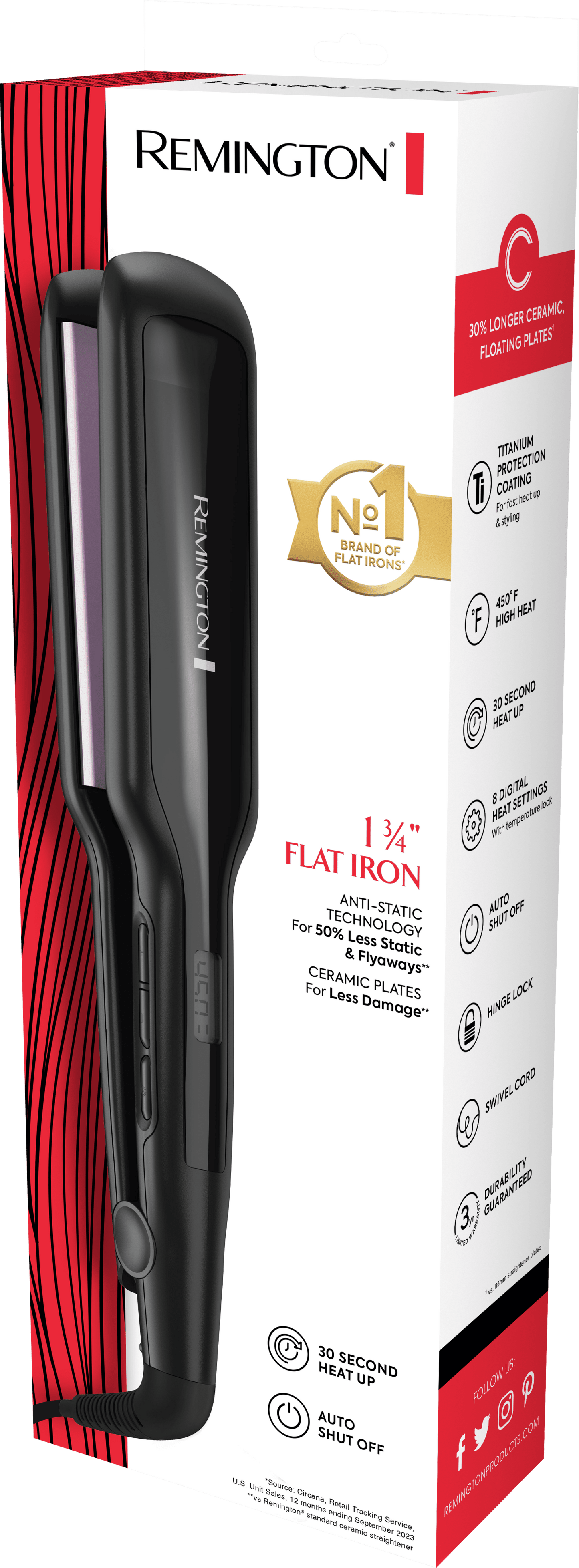 Remington 1 3/4" Titanium Flat Iron Hair Straightener, Anti-Static Technology