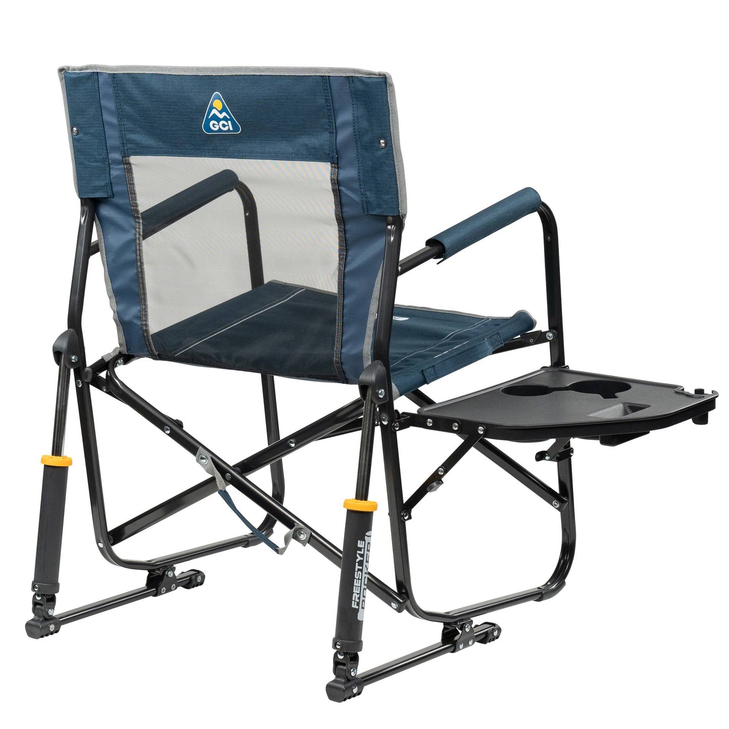 GCI Outdoor Freestyle Rocker with Side Table Foldable Rocking Camp Chair, Heathered Indigo