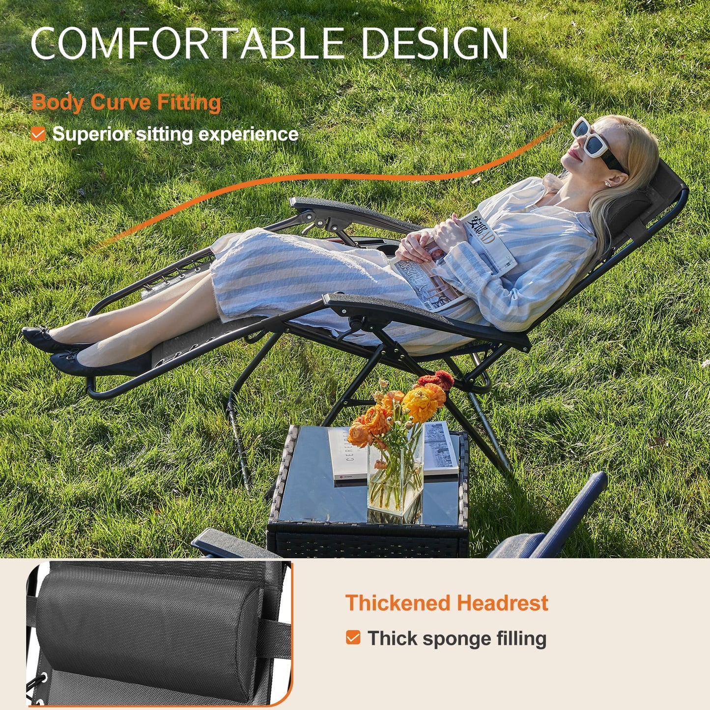 CONCETTA 2 Zero Gravity Lounge Chairs, Foldable Reclining Camping for Patio, Lawn, Beach, Black