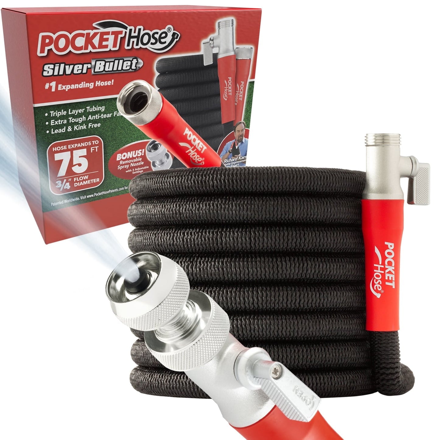 Pocket Hose Copper Bullet Expandable Garden Hose w/10 Pattern Thumb Spray Nozzle AS SEEN ON TV 650psi 3/4 in Patented Lead-Free Ultra-Lightweight Solid Copper Anodized Aluminum (75 Ft)