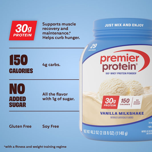 Premier Protein 100% Whey Protein Powder, Vanilla Milkshake, 30g Protein, 29 Servings