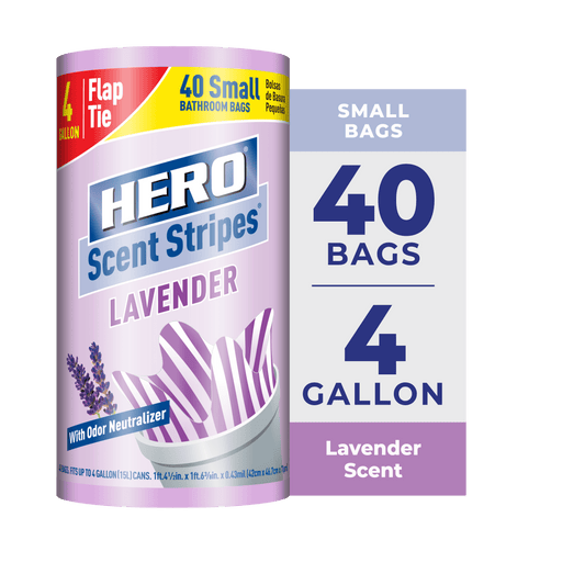 (8 pack) Hero Scent Stripes 4-Gallon, Lavender Scented, Small Flap Tie Trash Bags, 40 Count