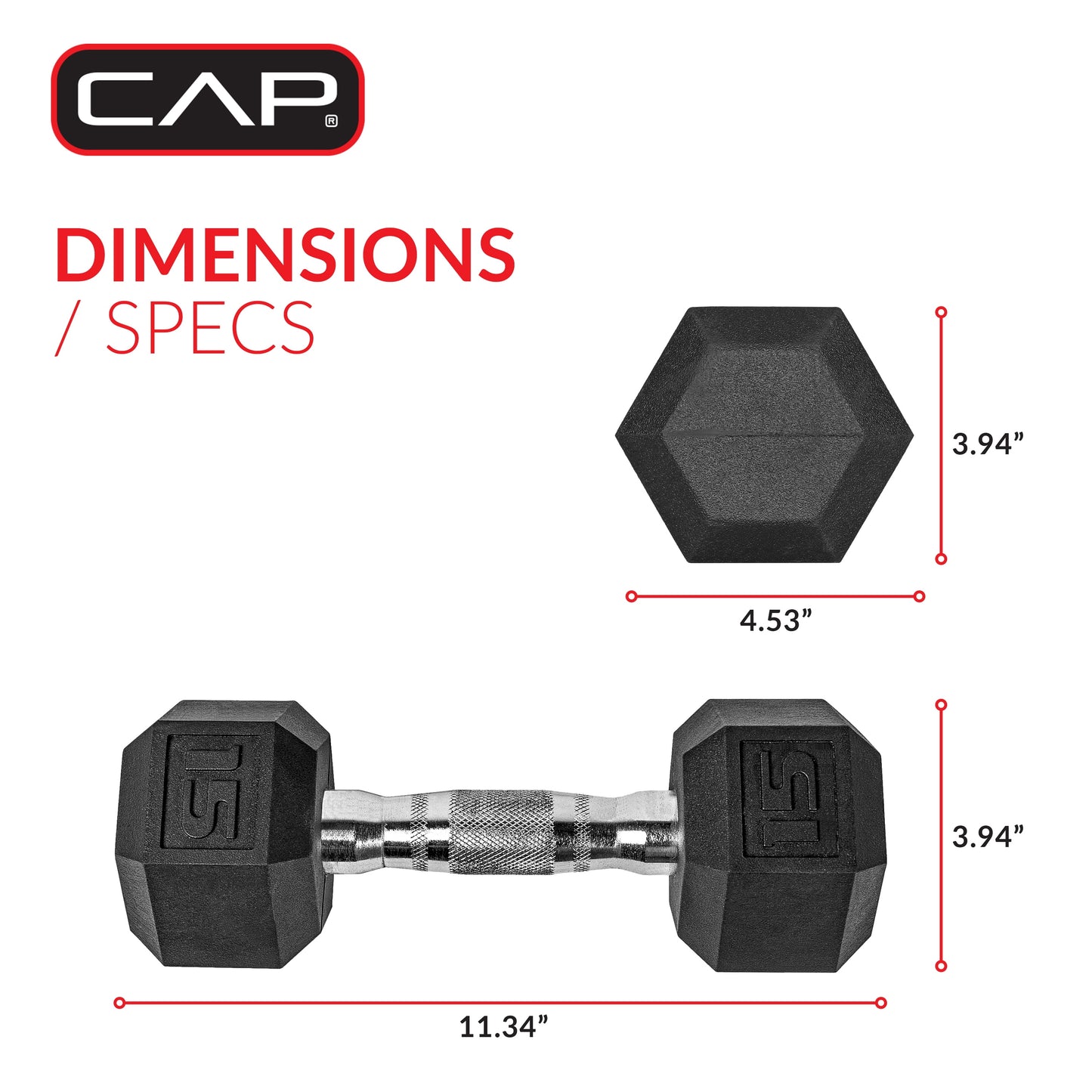 CAP Barbell, 15lb Coated Rubber Hex Dumbbell, Pair (No-Roll Design, Ergonomic Steel Handle, Durable Coated Weight)