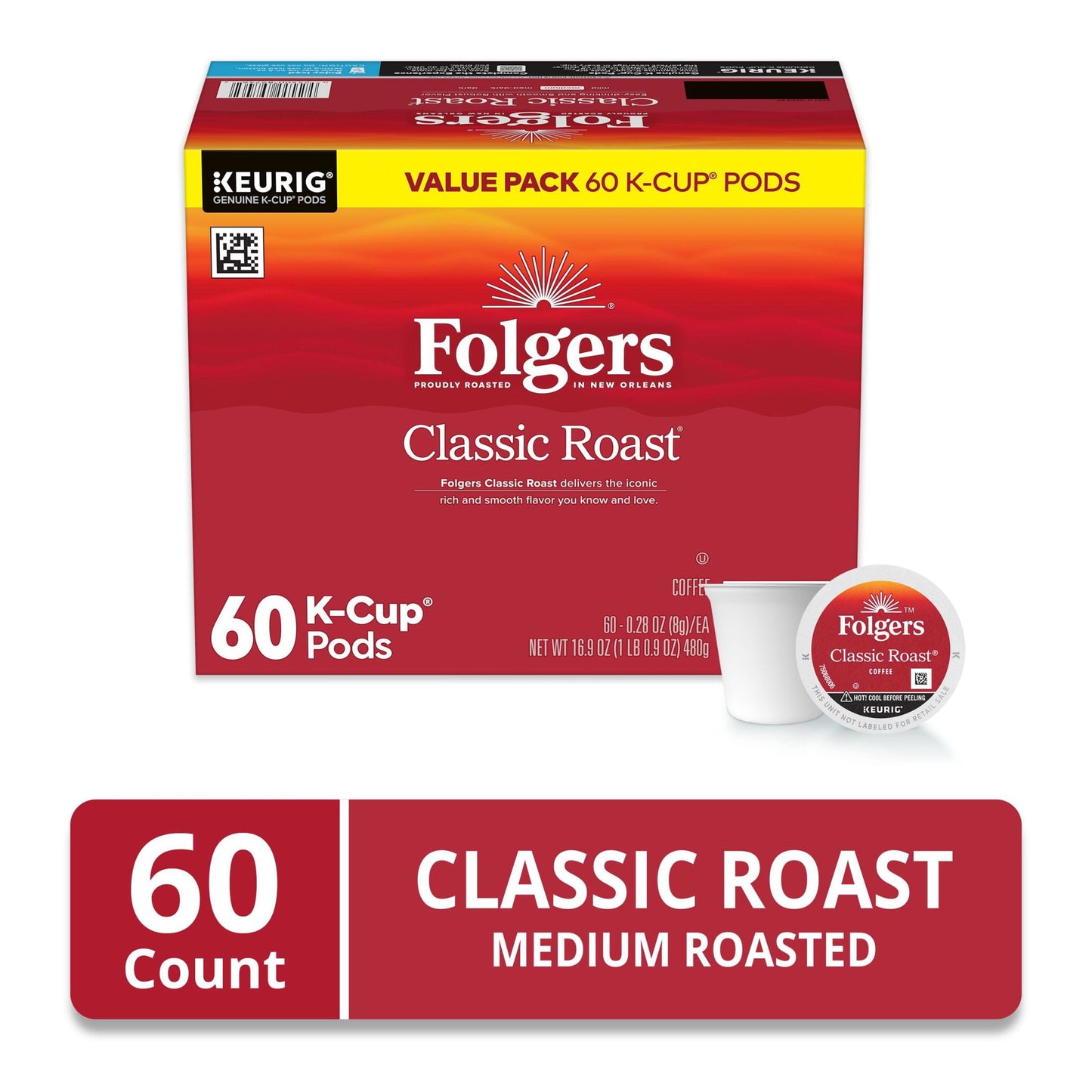 Folgers Classic Roast, Medium Roast Coffee, Keurig K Cup Pods, 60 Count Box