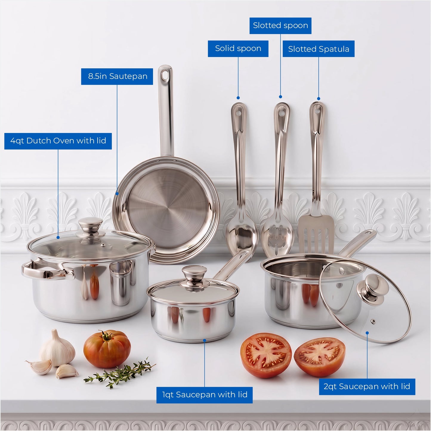 Mainstays Stainless Steel 10Pc Cookware Set with Lids and Kitchen Utensils